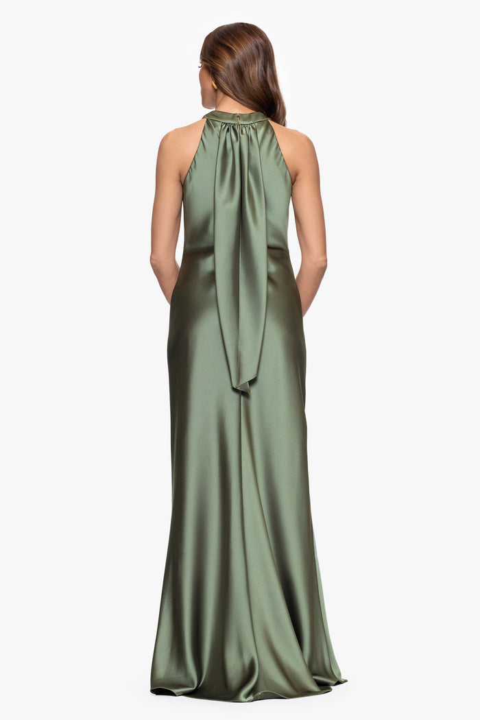 Olive “Francesca” Satin Halter Tie Neck Dress, back view