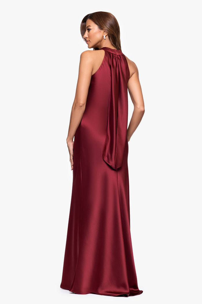 Wine “Francesca” Satin Halter Tie Neck Dress, back view
