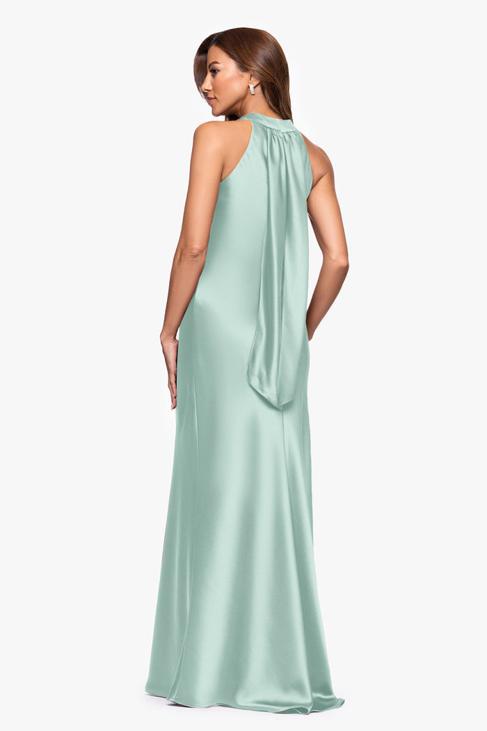 Sage “Francesca” Satin Halter Tie Neck Dress, back view