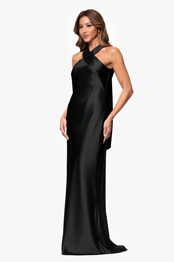 Black “Francesca” Satin Halter Tie Neck Dress, angled three-quarter view