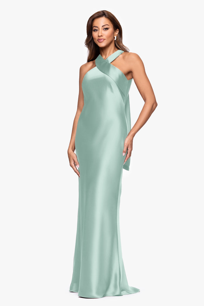 Sage “Francesca” Satin Halter Tie Neck Dress, angled three-quarter view