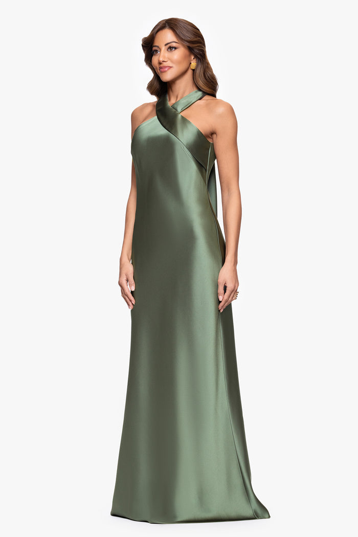Olive “Francesca” Satin Halter Tie Neck Dress, angled three-quarter view