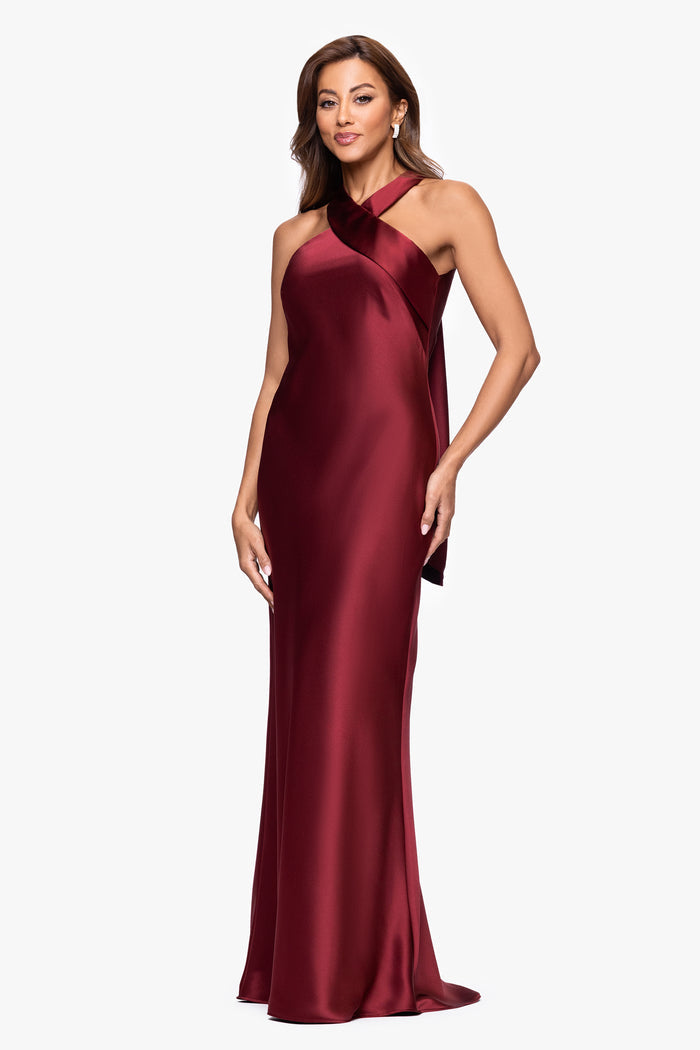 Wine “Francesca” Satin Halter Tie Neck Dress, angled three-quarter view