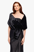 Black “Francine” Faux Fur Shawl Wrap, styled front view with crossed draping