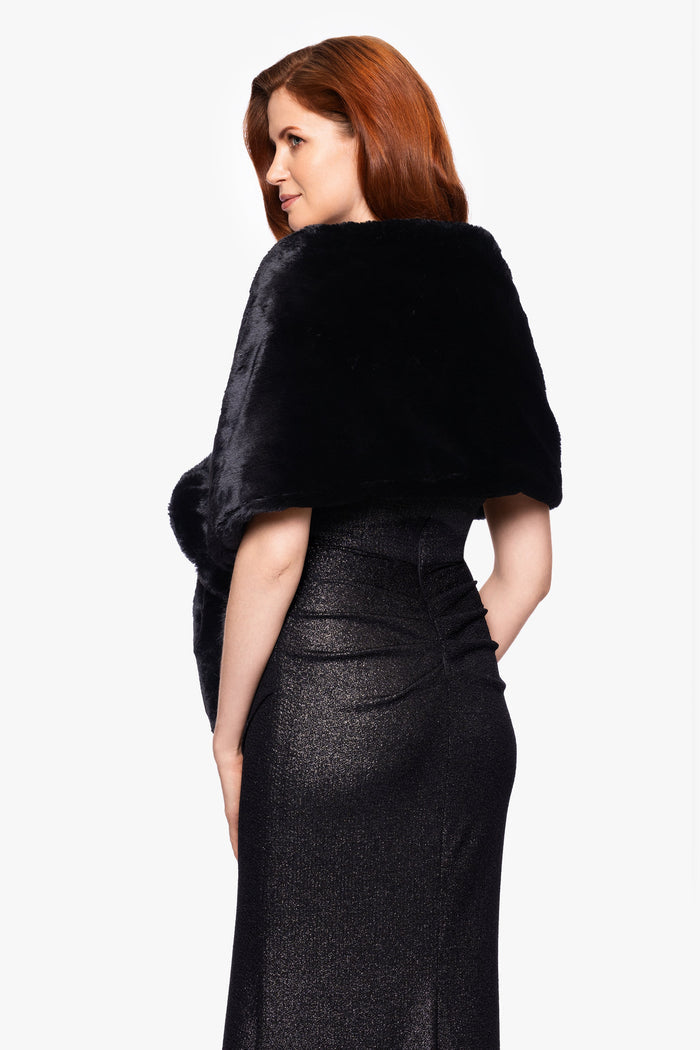 Black “Francine” Faux Fur Shawl Wrap, back view