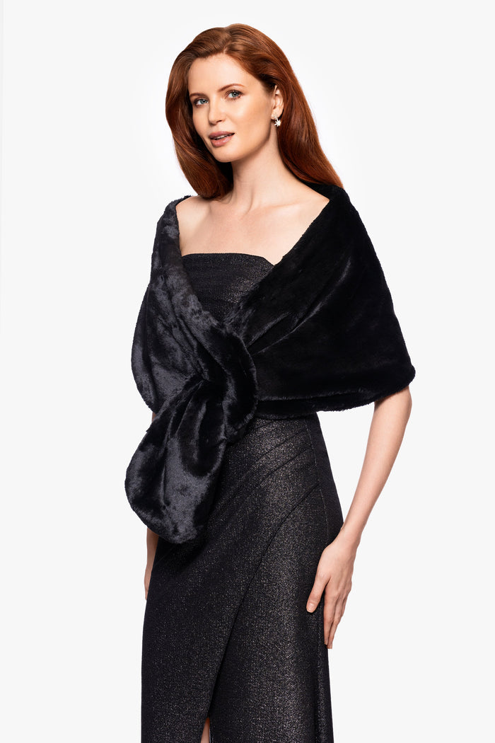 Black “Francine” Faux Fur Shawl Wrap, angled three-quarter view with crossed draping