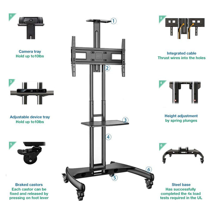 Gadget Wagon 32 - 75 inch LED TV Trolley Cart Portable Rolling Wheel Stand | VESA 600X400 mm | 45.5 kgs Load Capacity