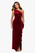 "Gemma" Stretch Velvet One Shoulder Ruffle Dress