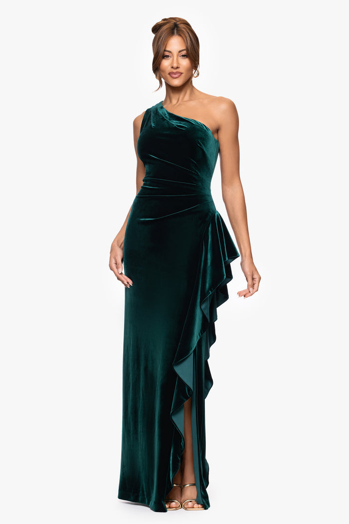 "Gemma" Stretch Velvet One Shoulder Ruffle Dress