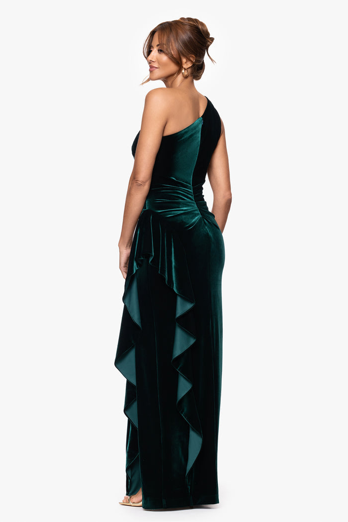"Gemma" Stretch Velvet One Shoulder Ruffle Dress
