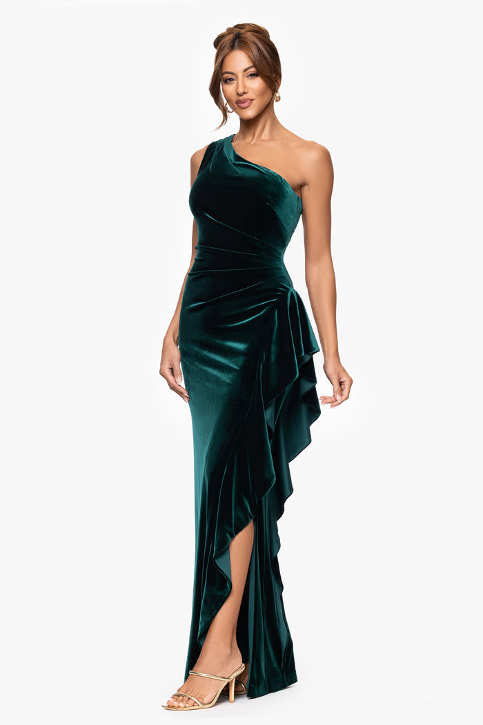"Gemma" Stretch Velvet One Shoulder Ruffle Dress