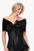 Black “Georgina” Velvet and Organza Bow Shawl Wrap, front view with oversized bow detail