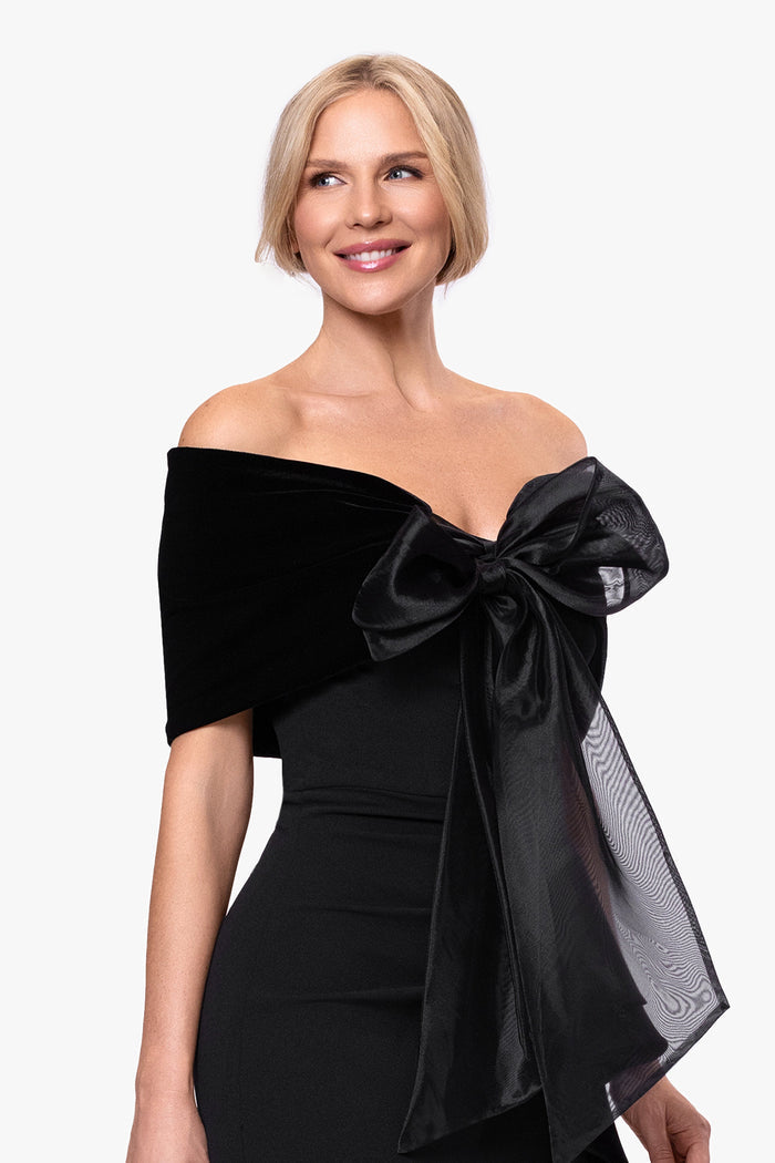 Black “Georgina” Velvet and Organza Bow Shawl Wrap, alternate front view with organza bow and long ties