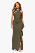 Olive “Gigi” Techno Scuba Cross Neck Dress, front view