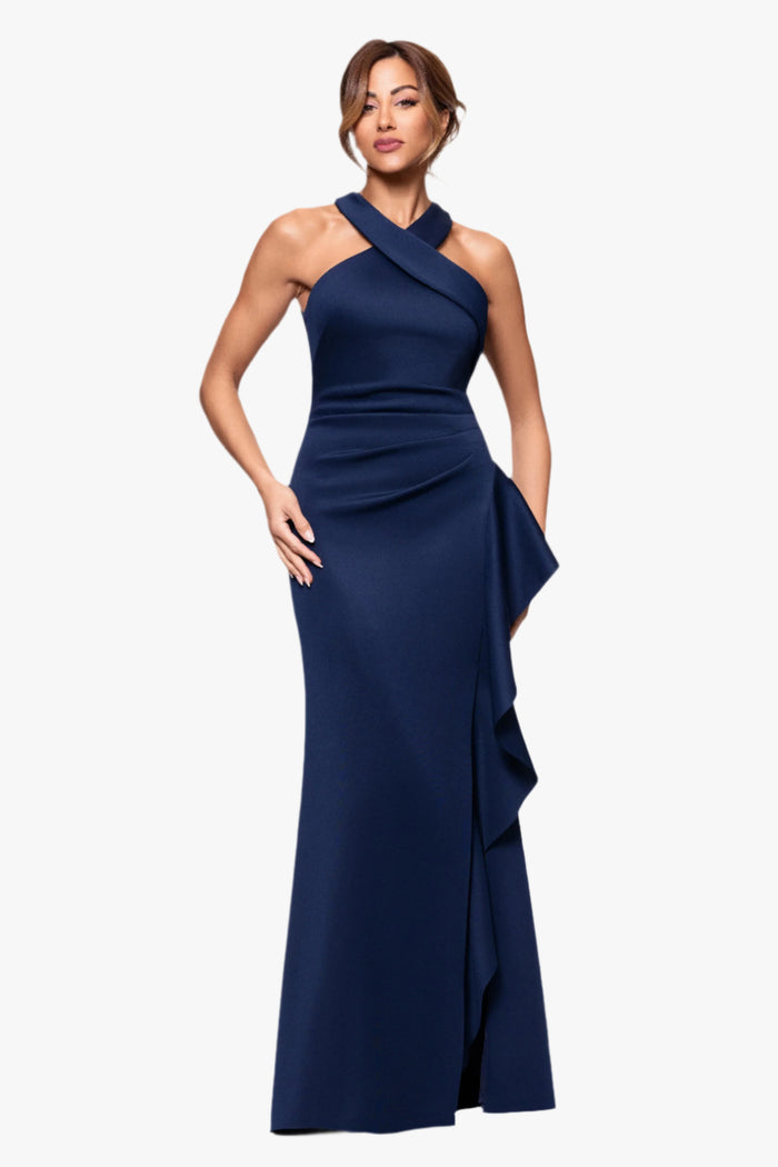 Midnight Petite “Gigi” Techno Scuba Cross Neck Dress, front view