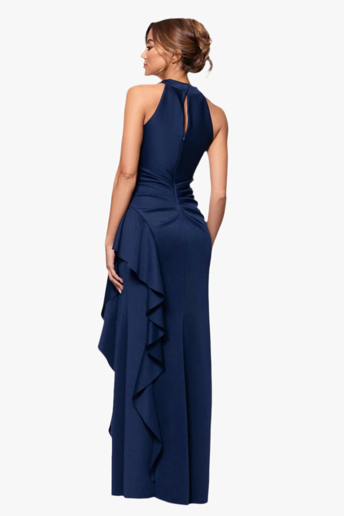 Midnight Petite “Gigi” Techno Scuba Cross Neck Dress, back view