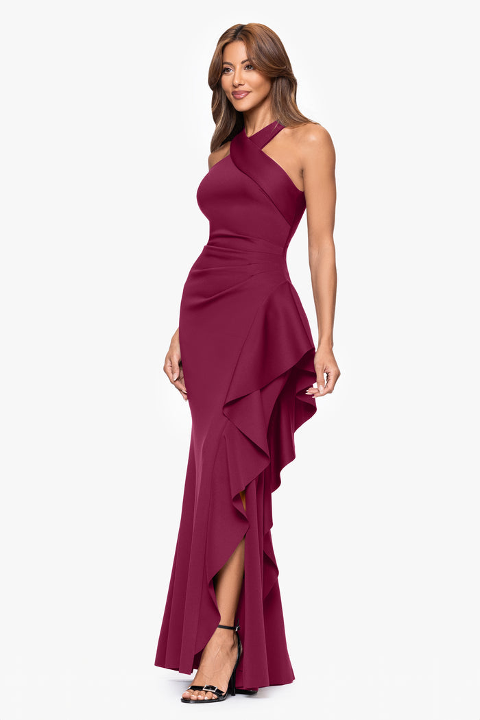 Wine “Gigi” Techno Scuba Cross Neck Dress, alternate front view with side slit