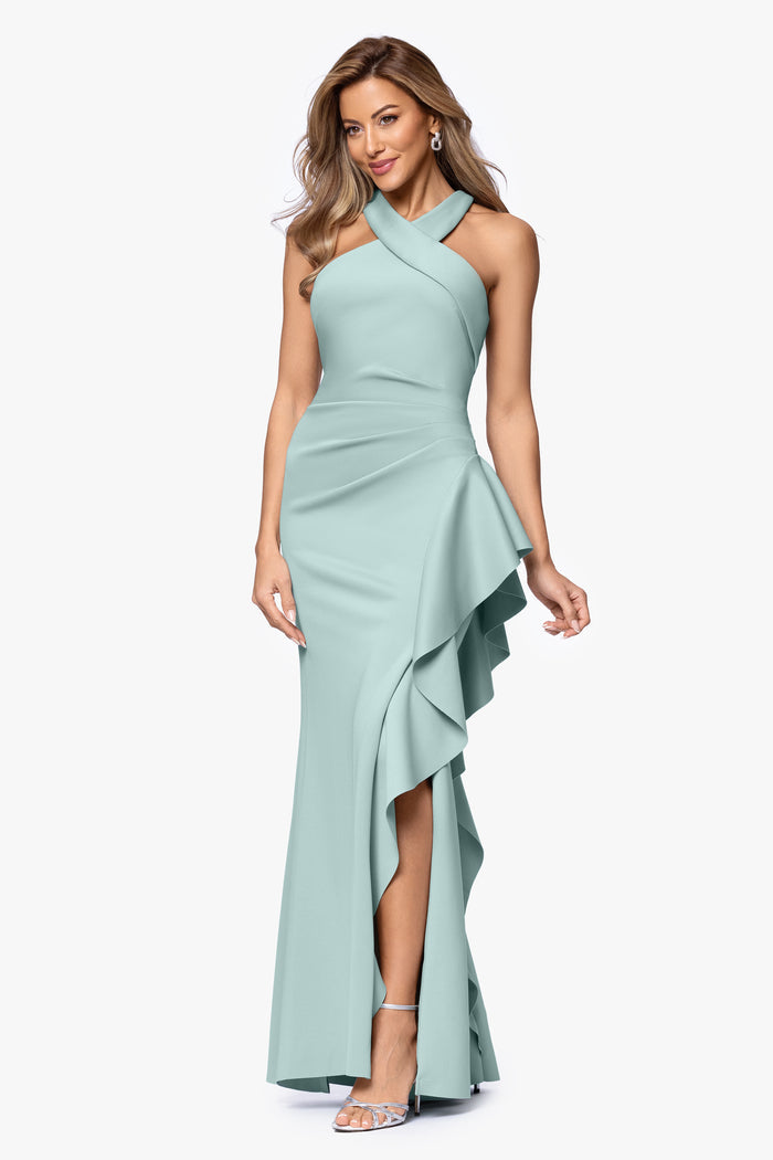 Sage Petite “Gigi” Techno Scuba Cross Neck Dress, angled three-quarter view with cascading side ruffle