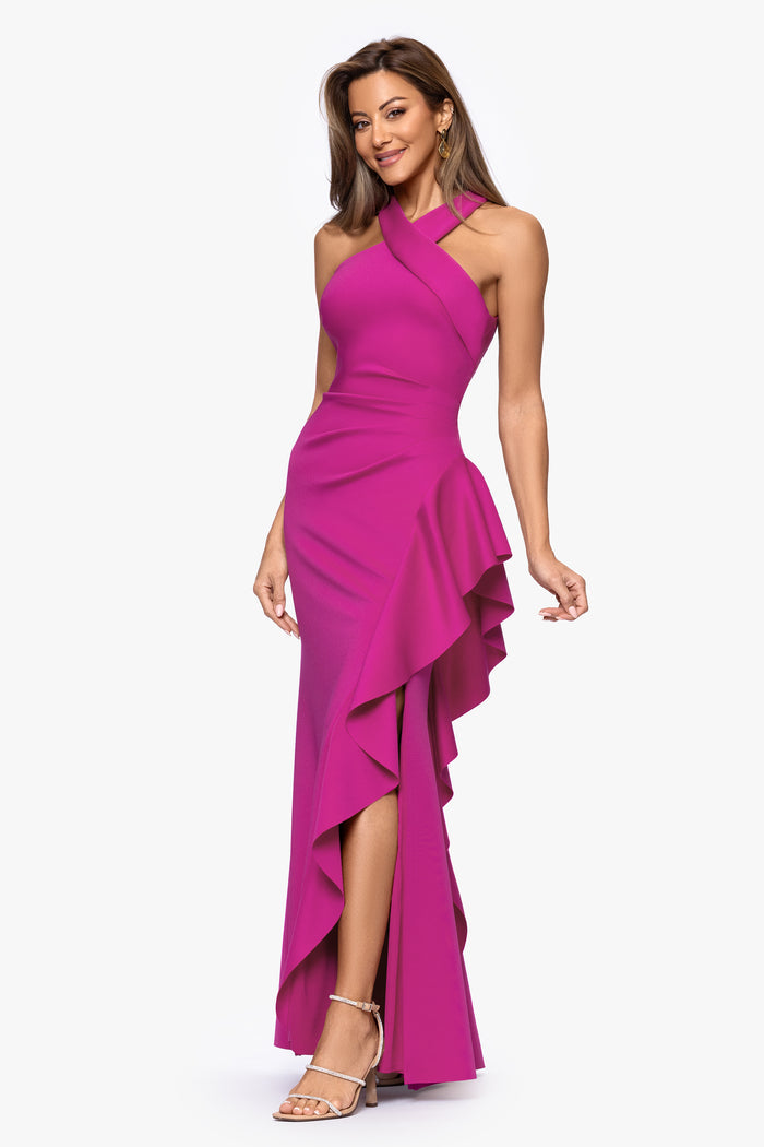 Orchid “Gigi” Techno Scuba Cross Neck Dress, angled three-quarter view with cascading side ruffle