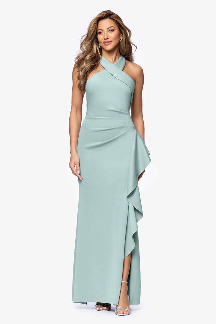 Sage Petite “Gigi” Techno Scuba Cross Neck Dress, alternate front view with side slit