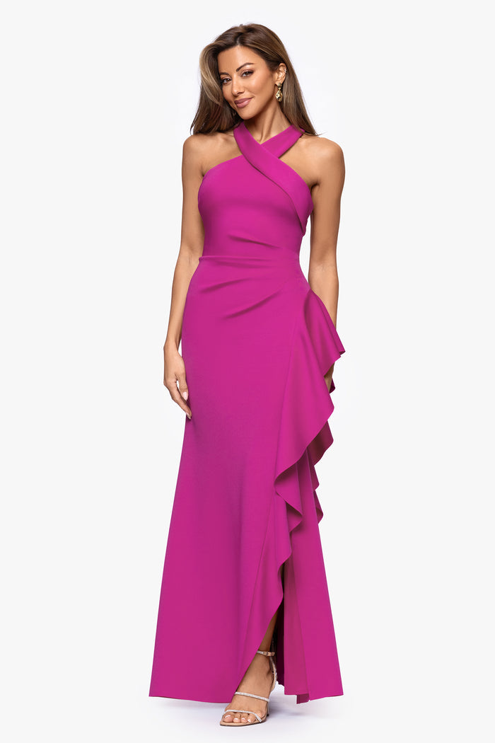 Orchid “Gigi” Techno Scuba Cross Neck Dress, alternate front view with side slit