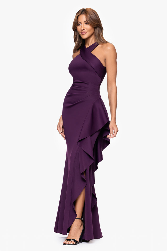 Plum Petite “Gigi” Techno Scuba Cross Neck Dress, angled three-quarter view with cascading side ruffle