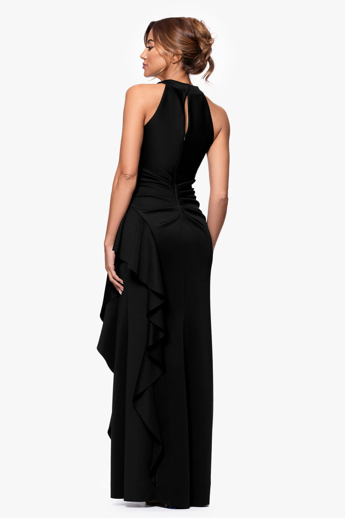 Black Petite “Gigi” Techno Scuba Cross Neck Dress, back view