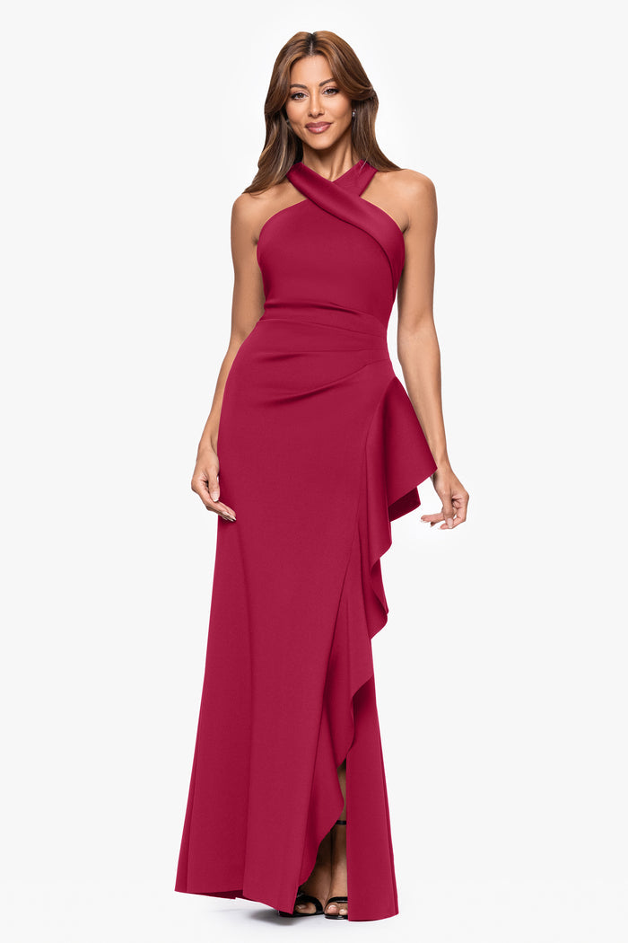 "Gigi" Techno Scuba Cross Neck Ruffle Dress