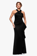 Black “Gigi” Techno Scuba Cross Neck Dress, front view