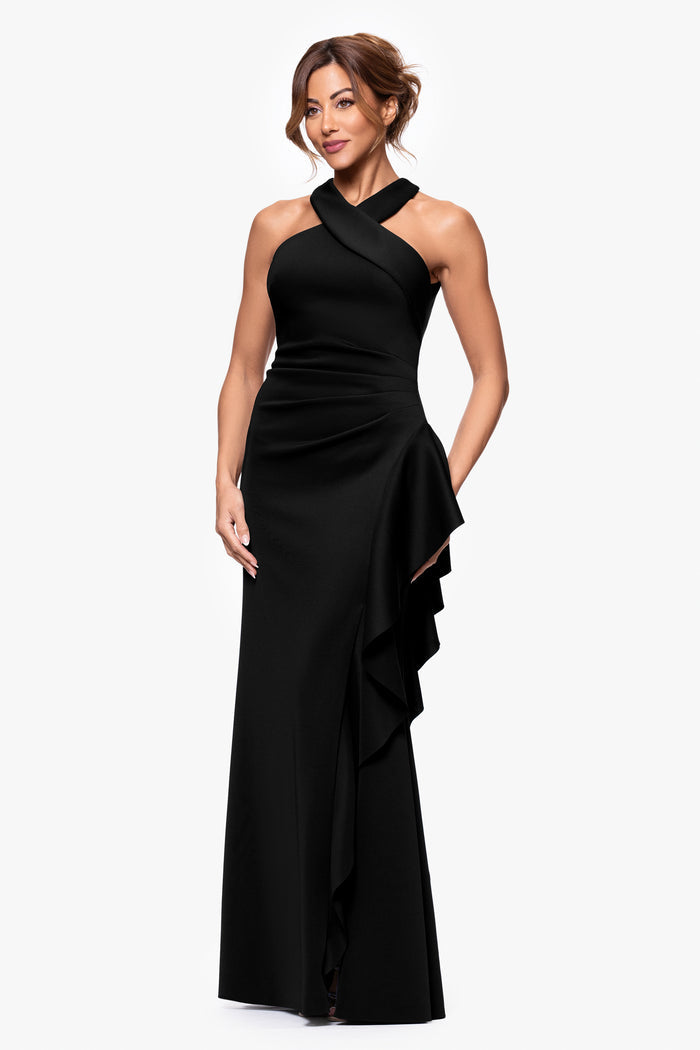 Black Petite “Gigi” Techno Scuba Cross Neck Dress, angled three-quarter view with cascading side ruffle