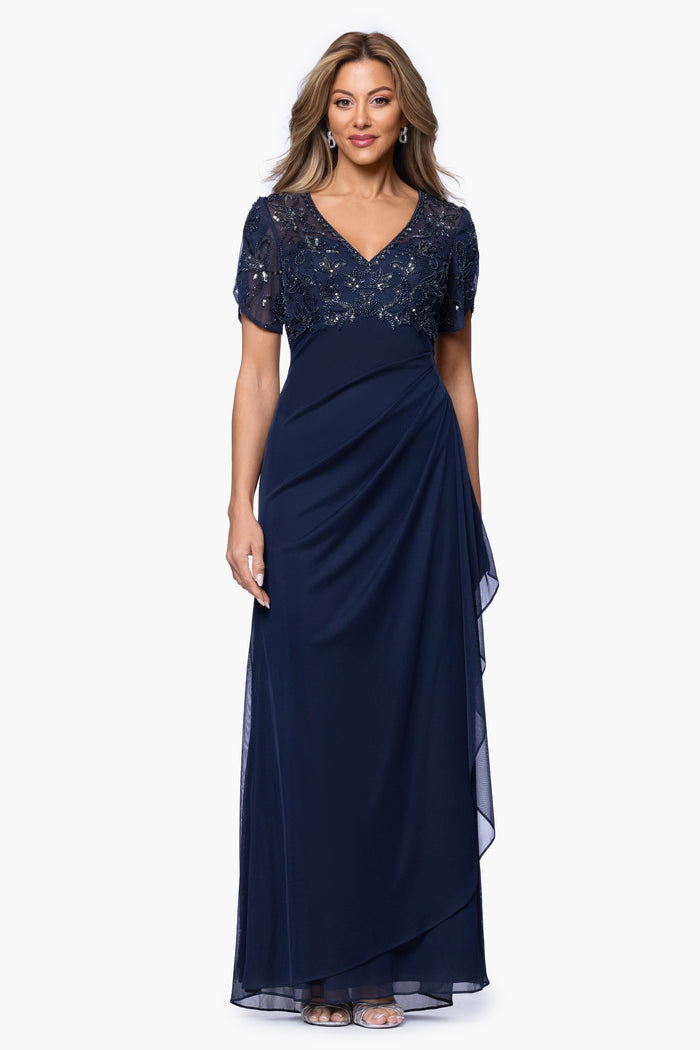 Navy “Giselle” Sheer Matte Jersey Beaded V-Neck Dress, front view