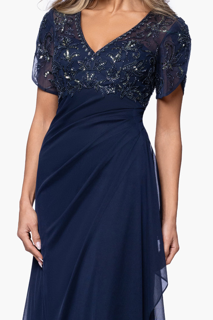 Navy “Giselle” Sheer Matte Jersey Beaded V-Neck Dress, beaded V-neck bodice and sheer short sleeve detail