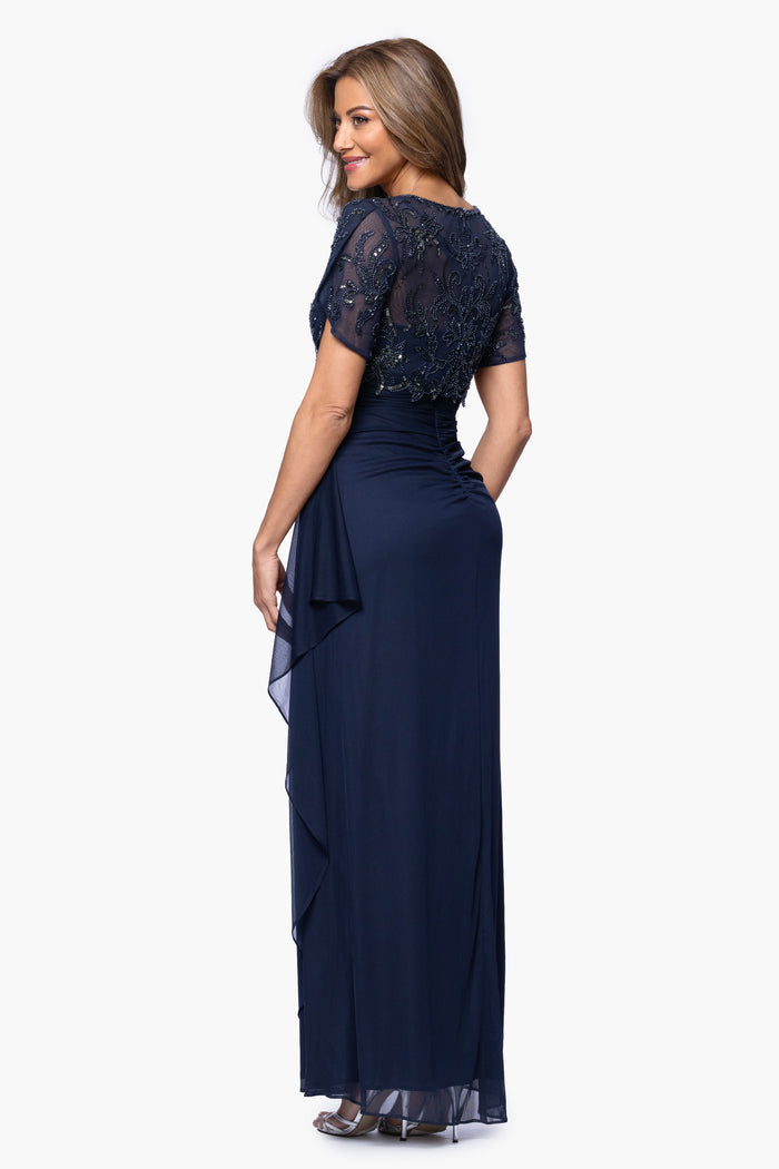 Navy “Giselle” Sheer Matte Jersey Beaded V-Neck Dress, back view
