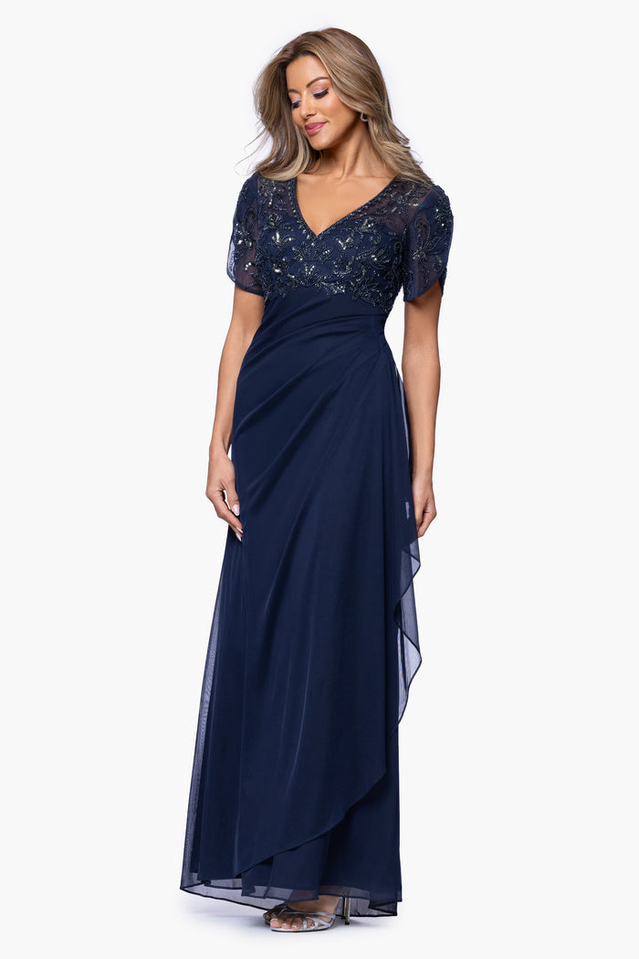 Navy “Giselle” Sheer Matte Jersey Beaded V-Neck Dress, angled three-quarter view