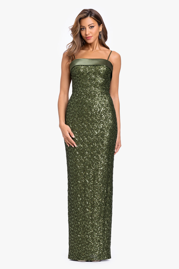 Olive “Gloriana” Sequin Spaghetti Satin Combo Dress, front view