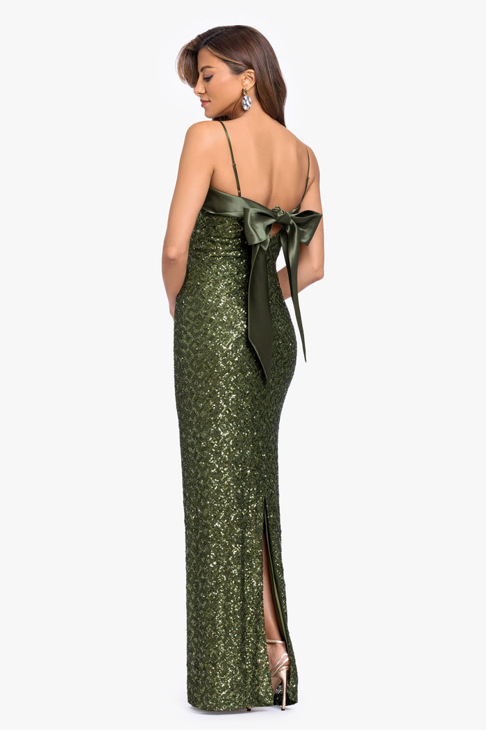 Olive “Gloriana” Sequin Spaghetti Satin Combo Dress, back view with satin bow detail