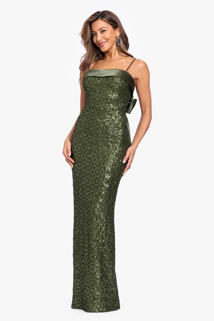 Olive “Gloriana” Sequin Spaghetti Satin Combo Dress, angled three-quarter view