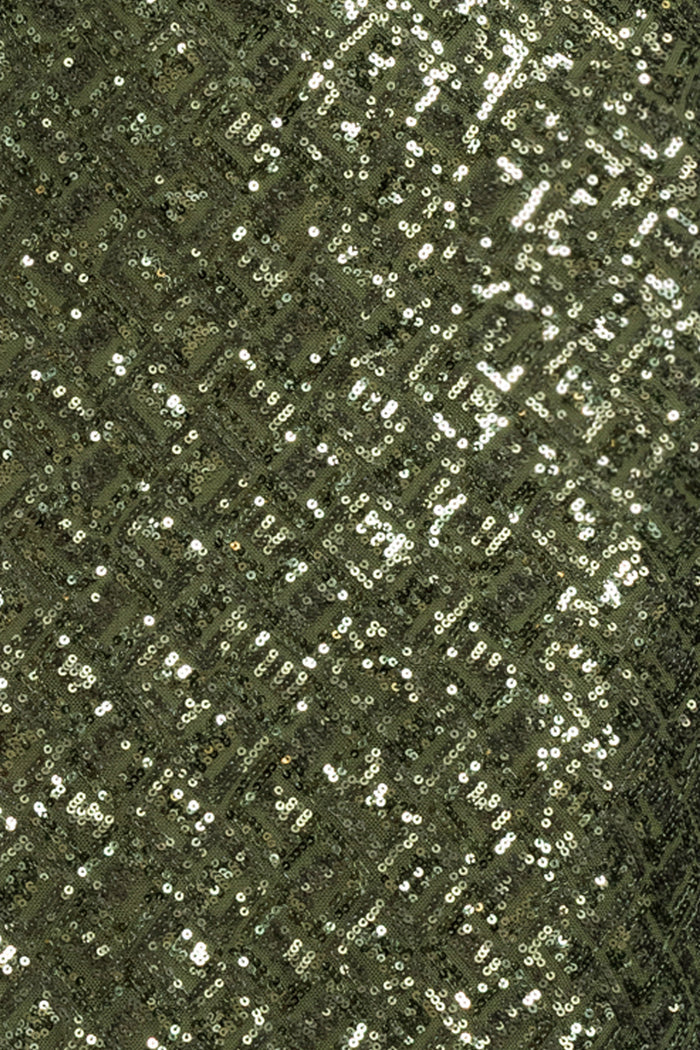 Olive “Gloriana” Sequin Spaghetti Satin Combo Dress, geometric sequin fabric detail