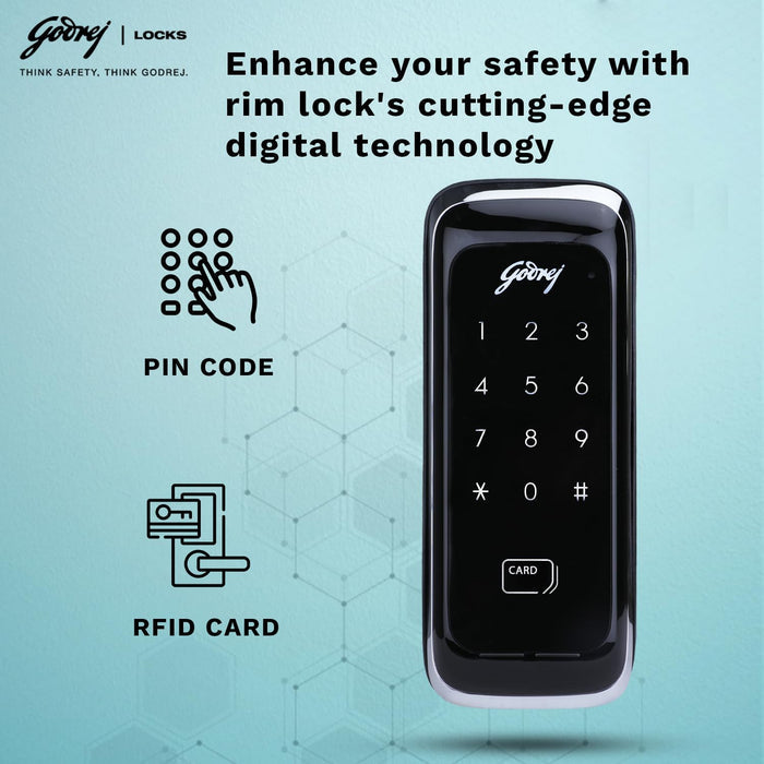 Godrej Advantis Rimtronic RF Digital Lock for Wooden Door | 2 in 1 Access | PIN Access | RFID Card | Black
