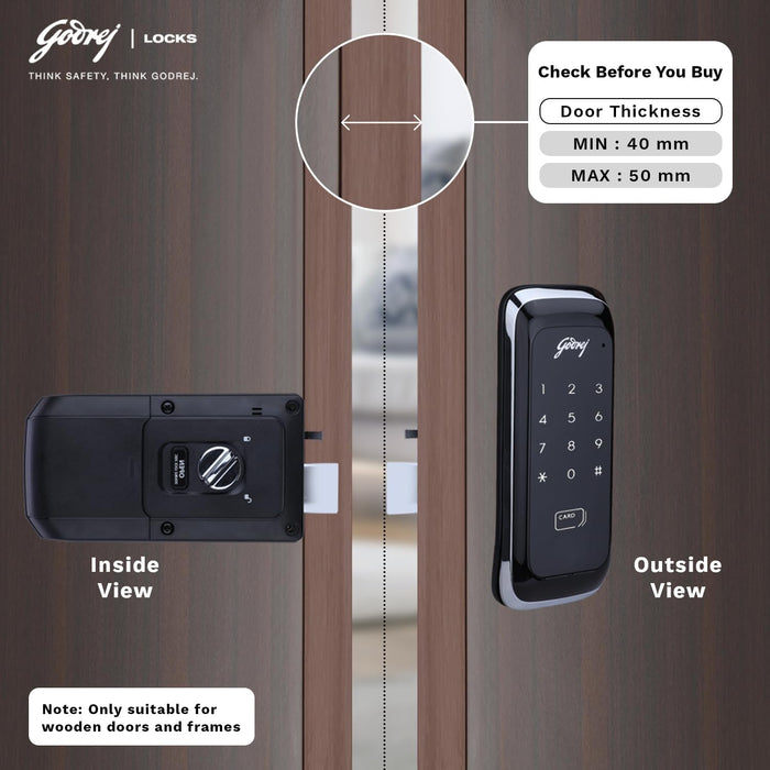 Godrej Advantis Rimtronic RF Digital Lock for Wooden Door | 2 in 1 Access | PIN Access | RFID Card | Black