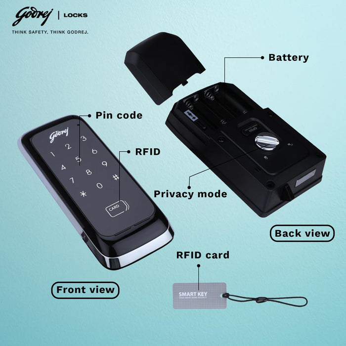 Godrej Advantis Rimtronic RF Digital Lock for Wooden Door | 2 in 1 Access | PIN Access | RFID Card | Black