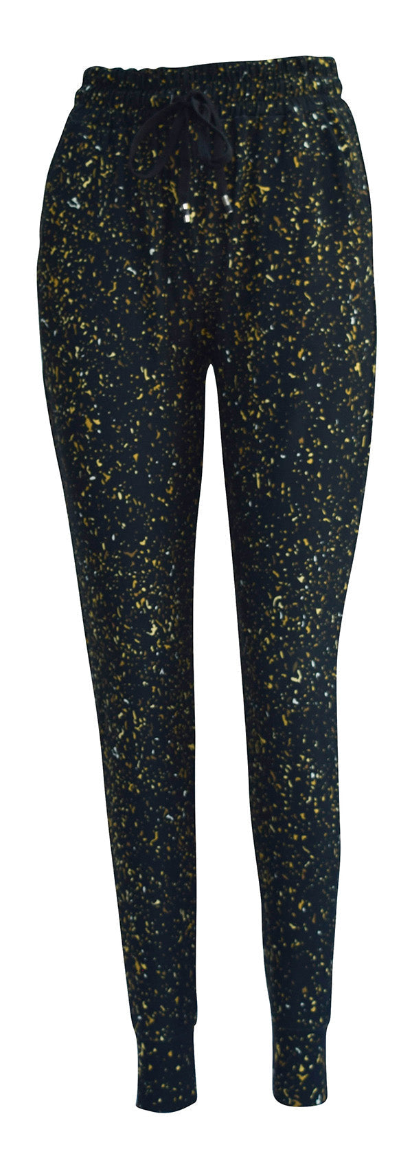 Slim fit Gold Dust Joggers with golden, yellow, and white flecks on black fabric, featuring cuffed bottoms, drawstring waist, and pockets.