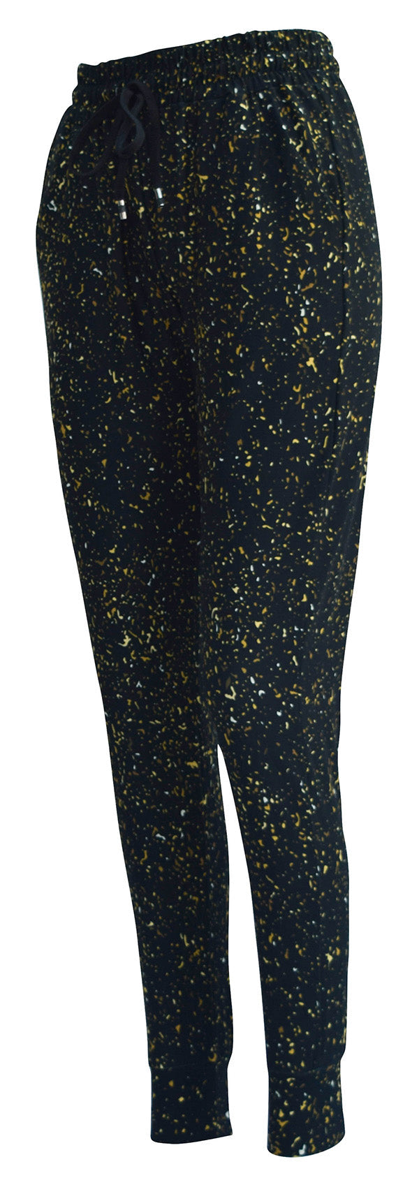 Slim fit Gold Dust Joggers with gold, yellow, and white flecks on black fabric, featuring cuffed bottoms, drawstring waist, and pockets.