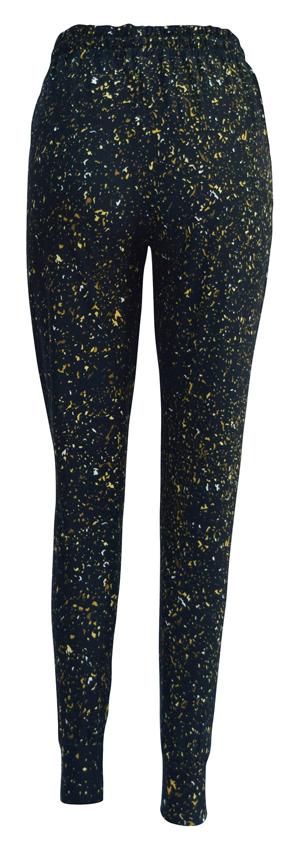 Slim fit Gold Dust Joggers with golden flecks on black fabric, cuffed bottoms, drawstring waist, and pockets