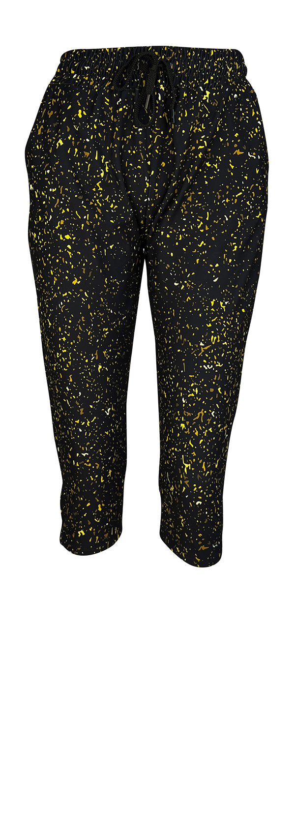 Black slim fit joggers with gold, yellow, and white flecks, cuffed bottoms, drawstring waist, and pockets.