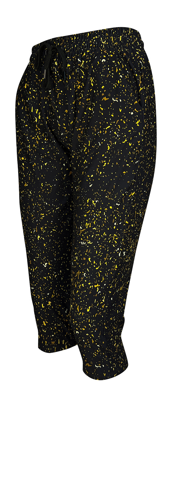 Slim fit Gold Dust Joggers with golden, yellow, and white flecks on black fabric, featuring cuffed bottoms, drawstring waist, and pockets.