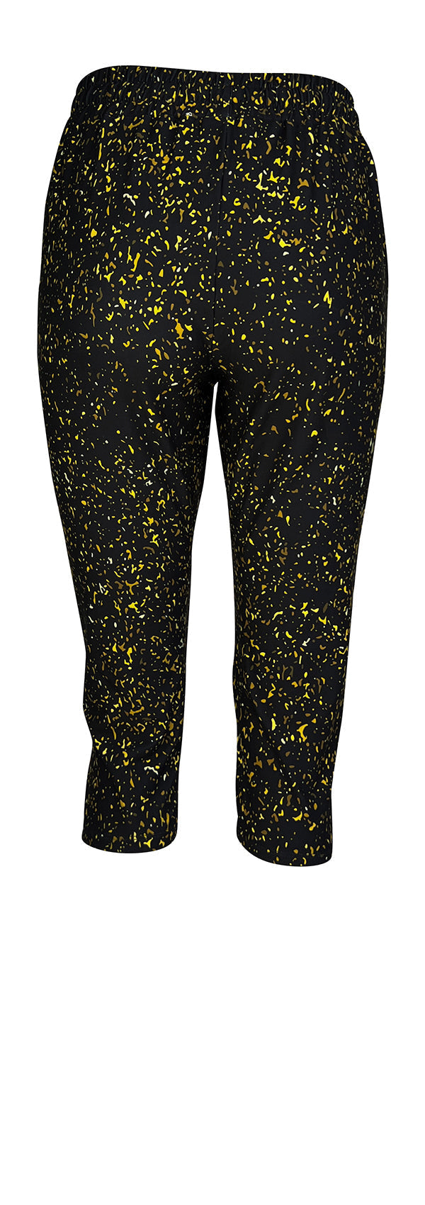 Slim fit black joggers with gold, yellow, and white dust flecks, cuffed bottoms, drawstring waist, and pockets.