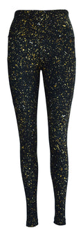 Black leggings with gold, yellow, and white flecks featuring deep side pockets and structured stitching
