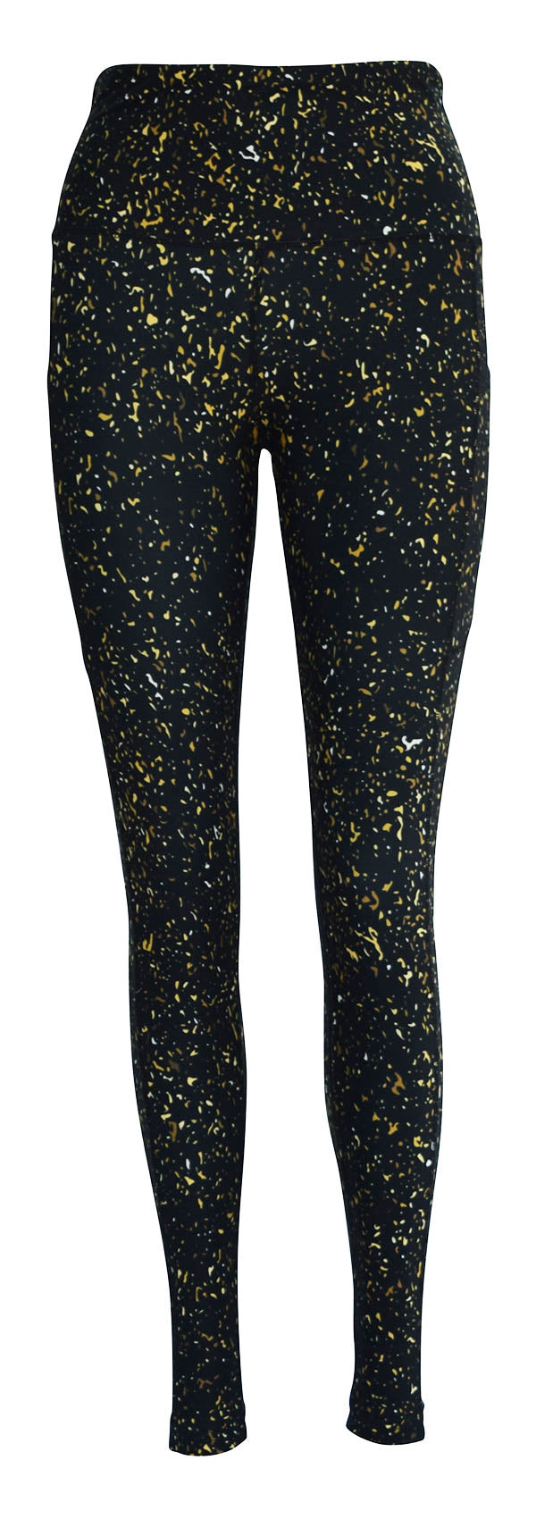 Black leggings with gold, yellow, and white flecks featuring deep side pockets and structured stitching