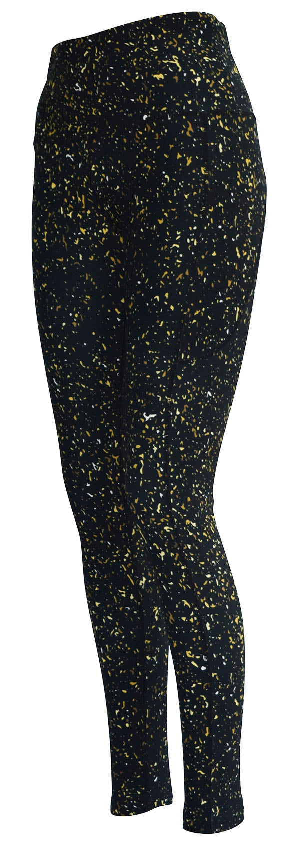 Black leggings with gold, yellow, and white flecks featuring deep side pockets and structured stitching, Gold Dust + Pockets design
